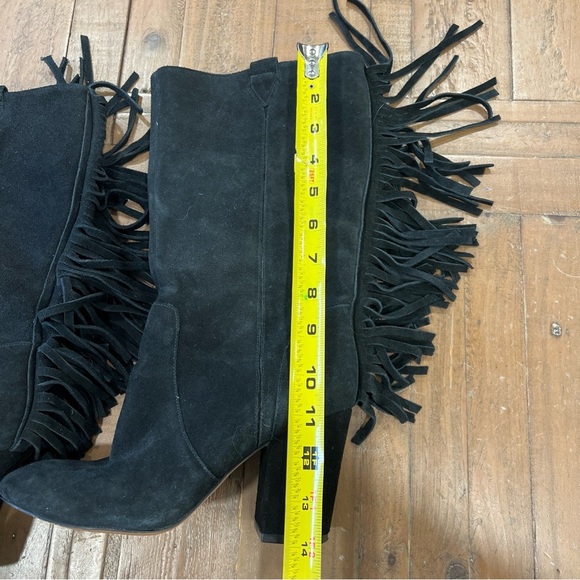 Nine West Black Suede Leather Fringe Mid Calf  Western Heel Pull On Boots Sz 7.5 - Picture 4 of 12